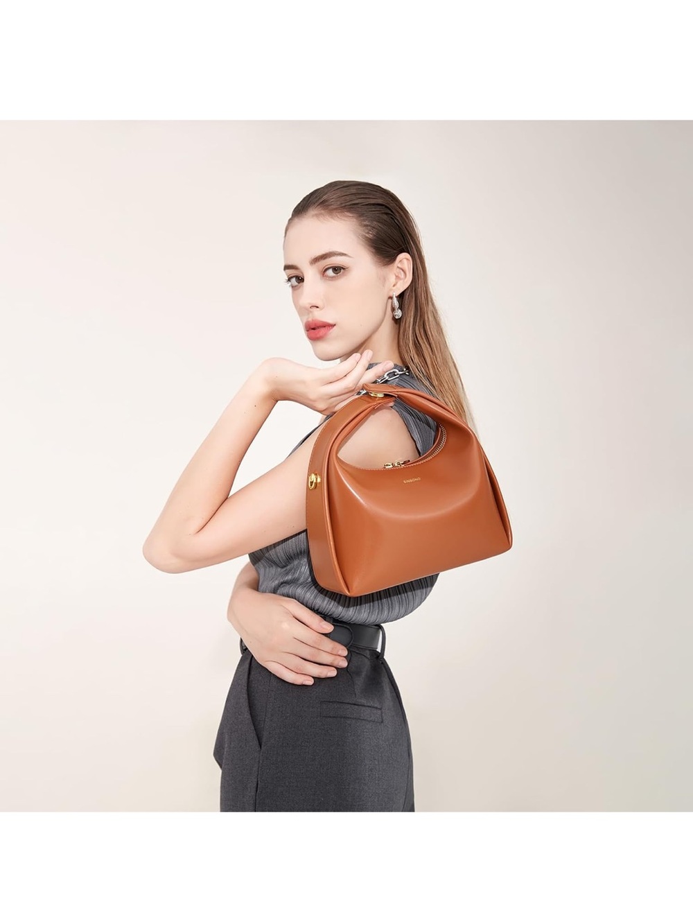 Sinbono CHESTNUT Brown Leather Top-Handle Hobo Bag NEW